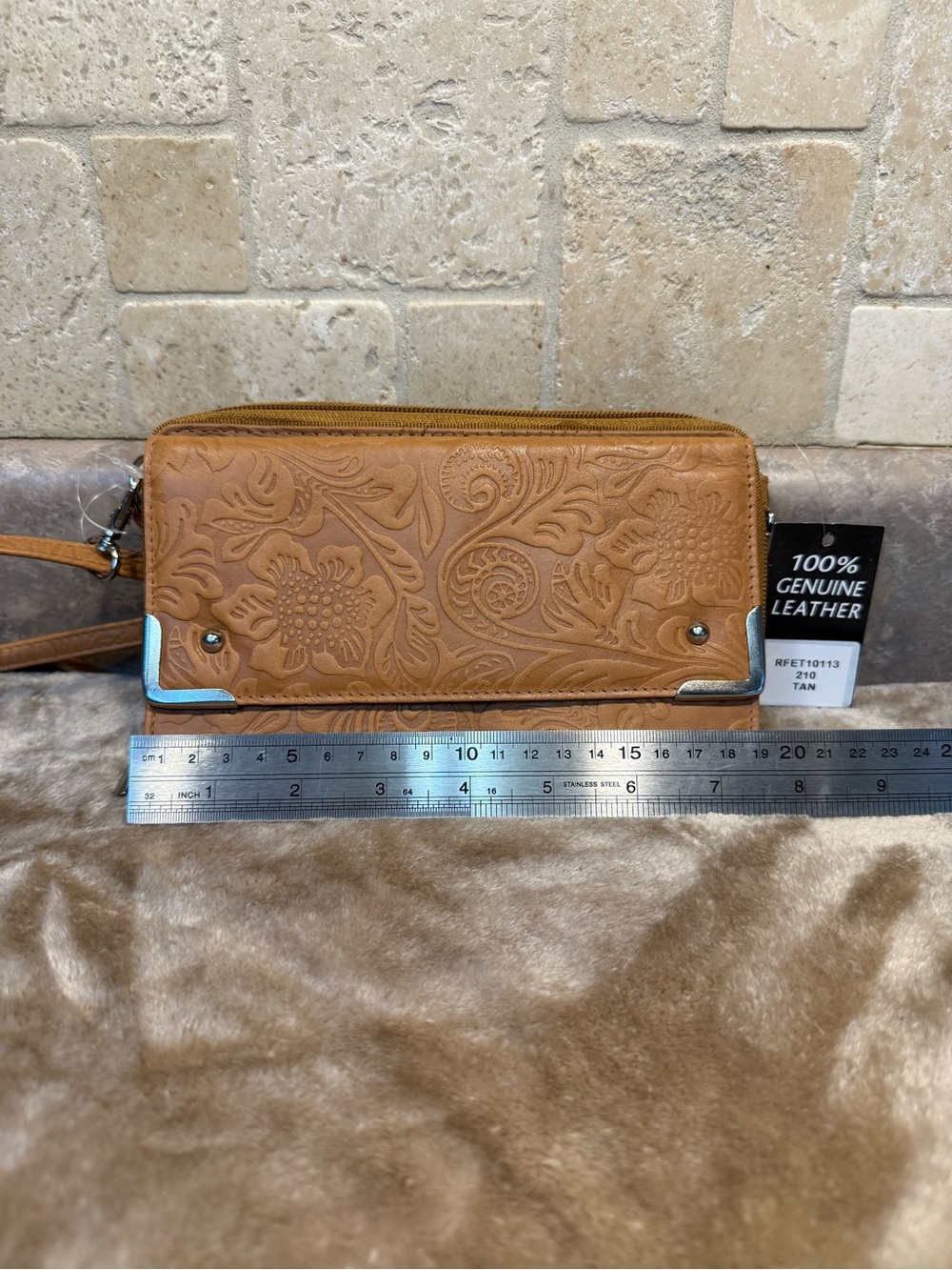 Tan Floral Embossed Genuine Leather Wristlet Wallet